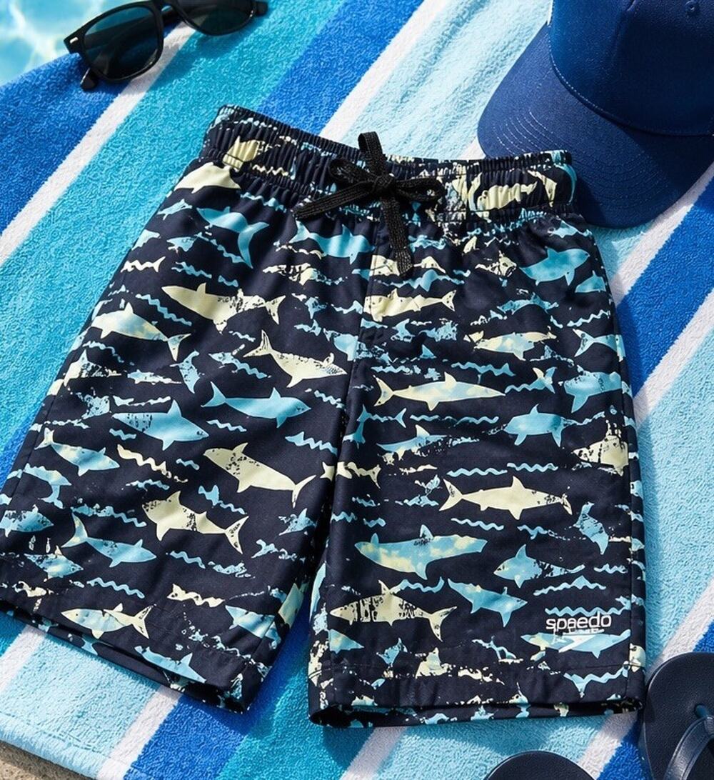 Speedo Boys XS Shark Print Swim Trunks Blue Black Lined Board Shorts Kids